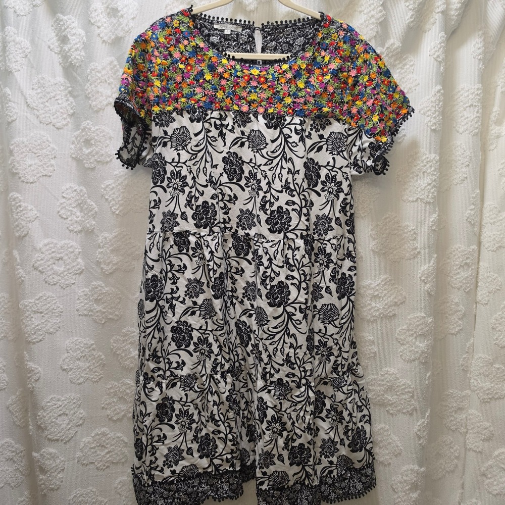 John Mark Womens Floral Embroidered Tiered Dress Black White Pom Pom Trim Large